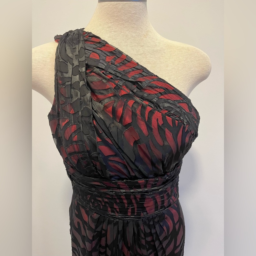 Le Chateau One-Shoulder Black Red Midi Silk Evening Cocktail Prom Formal Dress - Picture 4 of 16